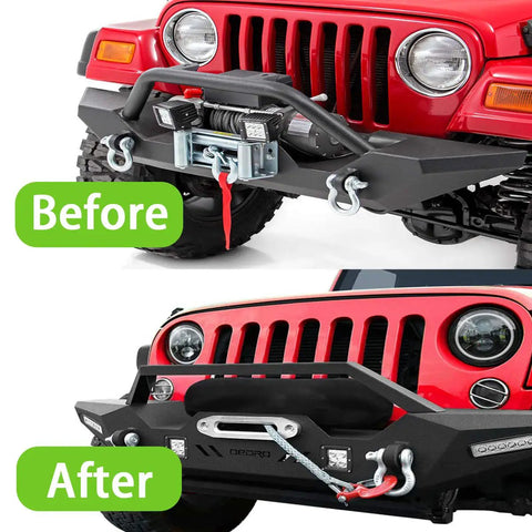 Before and after comparison of Rugged All Weather Winch Cover For 8500 To 17500 Lbs Electric Winches on a red jeep