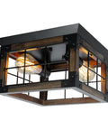 Two Light Farmhouse Style Black Wood Flush Mount Ceiling Fixture For Kitchen Dining Room And Entryway Dope Industrial Rustic Look Semi Flush Mount Lighting With Square Wood Frame And Black Iron Accents