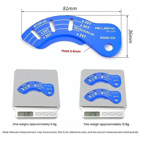 Road Bike 12 Speed Electronic Rear Derailleur Alignment Tool Two Piece Set For R7100 R7150 RX820 R8150 R9250 shown with dimensions and weight