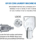 Universal Lock Cylinder Key Set For Commercial Washers And Dryers Compatible With Greenwald Speed Queen Machines In Coin Laundry Includes GR777 GR800 GR888 GR100 GR999 Keys Five Pack For Easy Replacements shown with GR100 key and lock cylinder