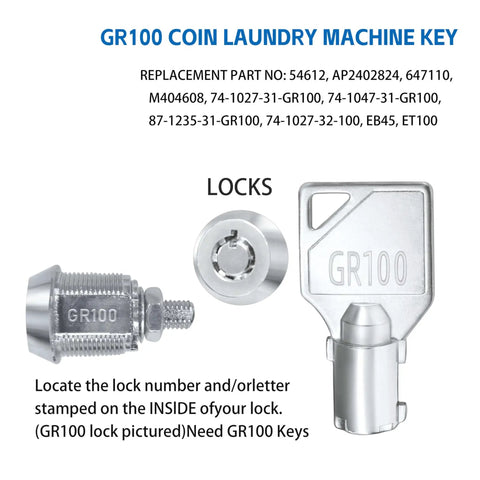 Universal Lock Cylinder Key Set For Commercial Washers And Dryers Compatible With Greenwald Speed Queen Machines In Coin Laundry Includes GR777 GR800 GR888 GR100 GR999 Keys Five Pack For Easy Replacements shown with GR100 key and lock cylinder