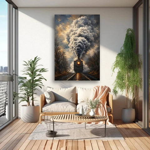 Steam Train On Tracks Canvas Wall Art For Living Room Or Office Decor Ready To Hang Framed 12 By 18 Inch With Dramatic Smoky Locomotive Painting