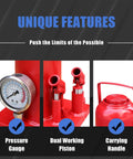 Unique features of Beefy 5 Ton Pneumatic Bottle Jack for auto repair with pressure gauge, dual piston, and handle.