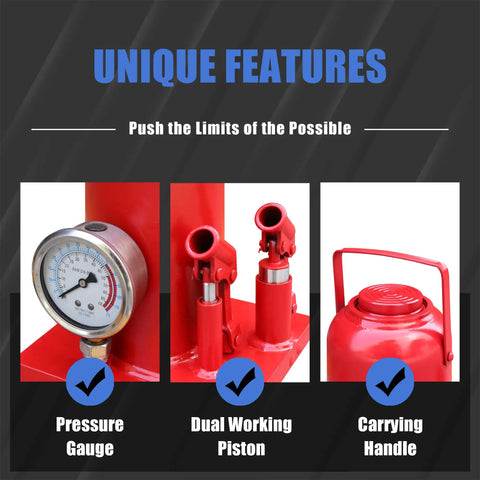 Unique features of Beefy 5 Ton Pneumatic Bottle Jack for auto repair with pressure gauge, dual piston, and handle.