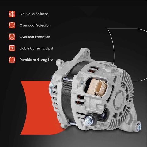 Beefed Up Heavy Duty Alternator For Subaru Forester 2014 Through 2018 12V 130A With 6 Groove Clutch Pulley Clockwise Fits 2.0L And 2.5L Engines High Output Auto Replacement, highlighting durable design and features.