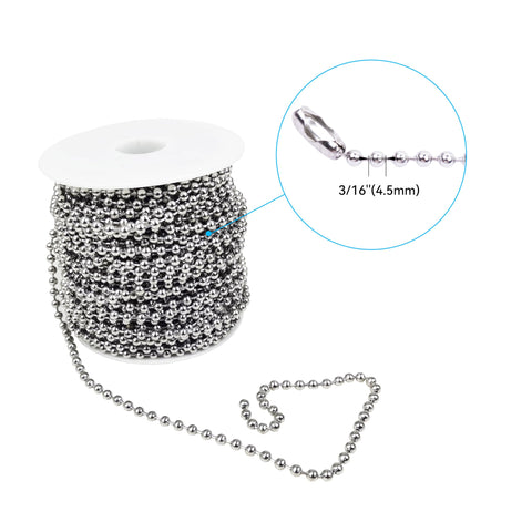 Stainless Steel Ball Chain Spool With 100 Feet of Beads Measuring Three Sixteenth Inch and 100 Clasps for DIY Projects, shown on spool