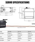 Specifications of the Beefy 55Kg High Torque Servo With Coreless Motor, showcasing dimensions, torque, speed, and current details.