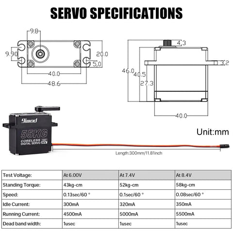 Specifications of the Beefy 55Kg High Torque Servo With Coreless Motor, showcasing dimensions, torque, speed, and current details.
