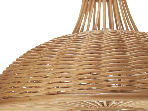 Close-up of Natural Wicker Neck Pendant Lamps Long Hanging Ceiling Fixture Handwoven From Wicker Boho Style Glow For Living Room