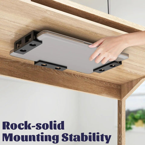 Slick Under Desk Laptop Mount Game Changer For Compact Home Offices featuring adjustable brackets and laptop placed securely.
