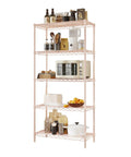 Professional Heavy Haul Five Tier Adjustable Wire Shelving Rack With Beefy Carbon Steel Frame And Drop In Leveling Feet For Kitchen Garage Pantry Setup Pink showcasing kitchen items.