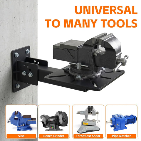 Heavy Duty Bench Grinder Stand With Multi Angle Swivel Top Rock Solid Workshop Tool Mount For Tables And Walls Fits Grinders Vises Drill Presses Built Tough, Vise mounted on a wall.