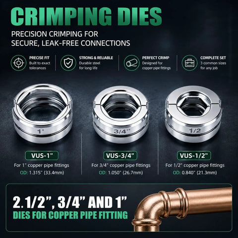 Pro Grade Copper Crimping Tool Kit For Pros And D I Y Guys With One Half Inch Three Quarter Inch And One Inch Jaws Hydraulic Copper Pipe Crimp Tool Kit With Pipe Cutter And Carrying Case For Plumbing HVAC And Industrial Piping, 1/2 3/4 1 inch dies