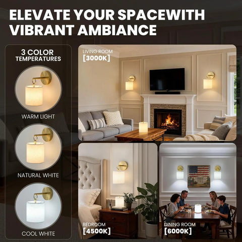 Zero Drilling Required, Battery Operated Wall Sconces Set Of Two With Remote, Brushed Gold Wireless Hanging Lamps showcasing various rooms with different light temperatures.