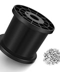 Black Vinyl Coated Wire Rope One Sixteenth Inch 328 Feet Stainless Steel Cable With 150 Aluminum Crimp Sleeves For String Lights
