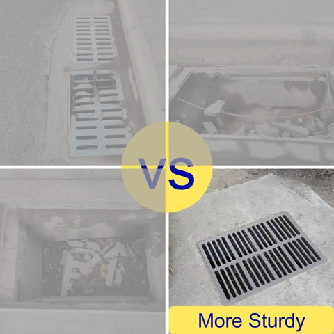 Comparison of Beefy Cast Iron Drain Grate And Frame 12x8 Inch for driveway and outdoor trench drainage with standard options.