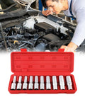 10 Piece E Star Socket Wrench Set Shop Grade Alloy Steel Mechanic Tools in red carry box with sockets displayed.