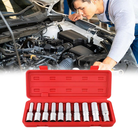 10 Piece E Star Socket Wrench Set Shop Grade Alloy Steel Mechanic Tools in red carry box with sockets displayed.