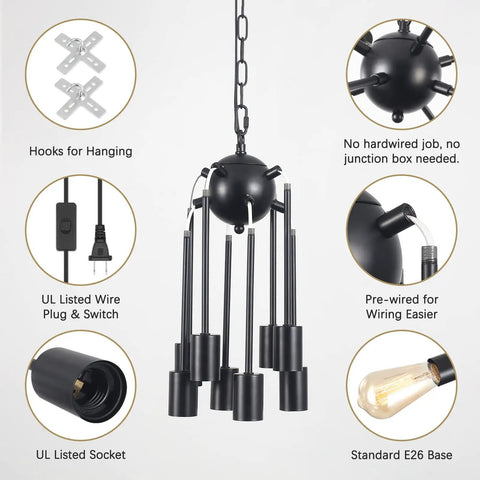 Sputnik 12 Light Chandelier Dope Brushed Nickel Modern Pendant Lighting For Kitchen Dining Living Room Foyer Industrial Vintage Ceiling Fixture Hardwired With Adjustable Height From 15.7 To 55 Inches, shown with wiring details and bulb base.