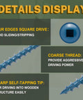 Details of exterior pocket hole screws blue coated for outdoor use, showing square drive, coarse thread, self-tapping tip.