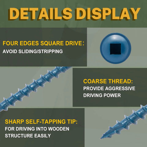 Details of exterior pocket hole screws blue coated for outdoor use, showing square drive, coarse thread, self-tapping tip.