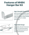 Features of Heavy Duty Ventilation Fans Hanger Bar Kit For InVent Series Bath Exhaust Fans showing high-strength and adjustable design.