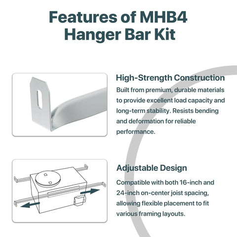 Features of Heavy Duty Ventilation Fans Hanger Bar Kit For InVent Series Bath Exhaust Fans showing high-strength and adjustable design.