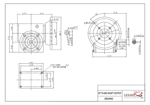 Technical drawing of Cast Iron Worm Gear Speed Reducer 60 To 1 56C Frame Industrial Reducer with shaft details
