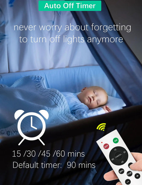 Sleeping baby with remote control for Under Cabinet Lighting Kit With Remote And Touch Switch No Fuss 20 LED USB Rechargeable Dimmable Lights With Timer Three Color Options Cool White Warm White Daylight 6 Pack For Kitchen Pantry Bedroom.