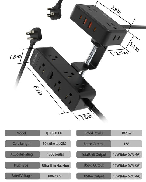 Image of Dual Layer Desk Clamp Power Strip with 13 outlets and 4 USB ports including USB C, under desk surge protector 1700 Joules.
