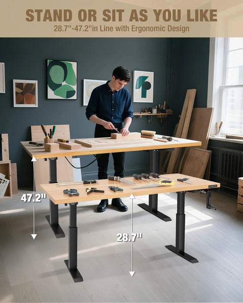 Beefy Adjustable Standing Workbench With Crank Handle 300 Lb Load 47.2 By 23.6 Inch Rubber Wood Top Height Adjustable From 28.74 To 47.24 Inches For Garage And Shop Tasks, shown with a person working in a studio setting.