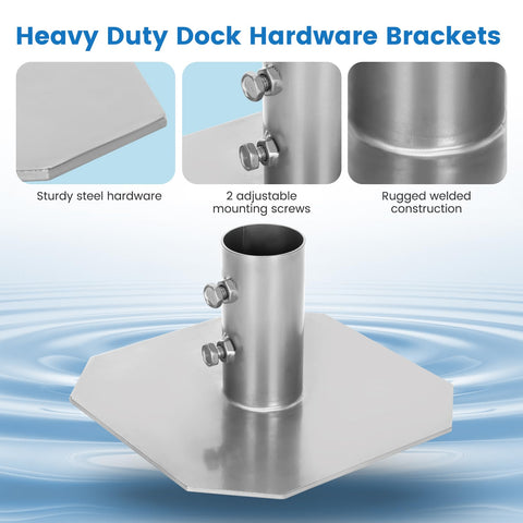 Heavy Duty Dock Base Plates 4 Pack for Floating Docks showing steel hardware with mounting screws and welded construction.