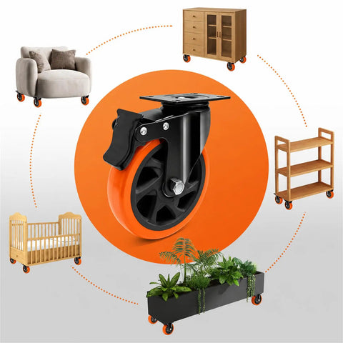 Close-up of Built Tough 5 Inch Orange Caster Wheel Set Of 4 With Dual Brakes, designed for versatile furniture mobility.