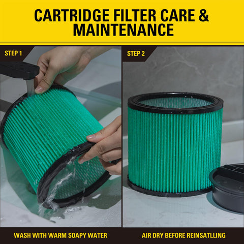 Steps for washing and drying a HEPA Cartridge Filter For Most 5 To 18 Gallon Wet Dry Vacuums Washable And Reusable Replacement.