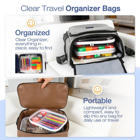 Clear Hard Shell Zipper Case Set, 4 Pack Grab-and-Go Storage Pouches in backpack and hand luggage.