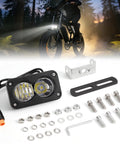 20W LED E-Bike Headlight With 3-Pin Julet Waterproof Connector Plug N Play Easy Install 12-60V Wide Voltage For Ridstar Q20 Revv1 Ariel Rider White, 6500K Daylight Beam, Durable Aluminum Housing And IP Waterproof Design shown with mounting hardware and an e-bike in a forest during evening.