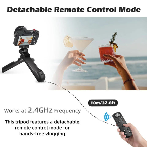 Vlogging Hand Grip Tripod With OLED Rechargeable Wireless Cam Remote in use by seaside, showing detachable remote mode.