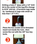 Heavy Duty Adjustable Leveling Feet With Three Eighth Inch Sixteen Thread Pitch And Felt Pads installation instructions steps 1-3