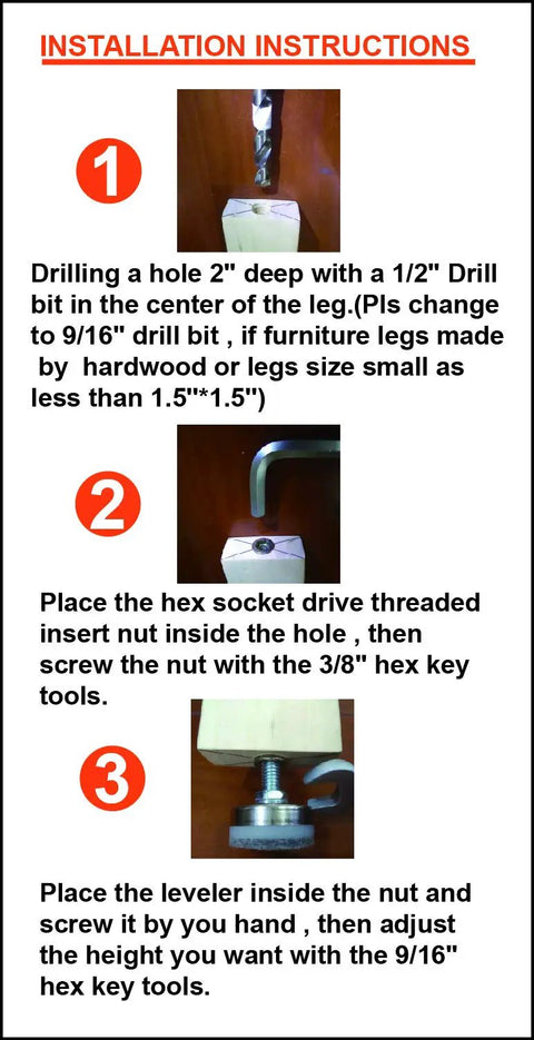 Heavy Duty Adjustable Leveling Feet With Three Eighth Inch Sixteen Thread Pitch And Felt Pads installation instructions steps 1-3