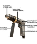 Pro Grade Half Inch Pneumatic Reversible Drill With 800 RPM Lightweight Aluminum Body Sealed Ball Bearings Variable Speed Throttle