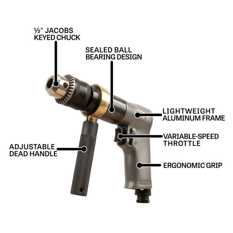 Pro Grade Half Inch Pneumatic Reversible Drill With 800 RPM Lightweight Aluminum Body Sealed Ball Bearings Variable Speed Throttle
