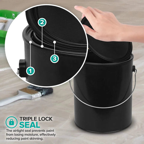 One Gallon Black Plastic Paint Bucket With Triple Lock Airtight Seal demonstration, showing lid and handle close-up with brush nearby.