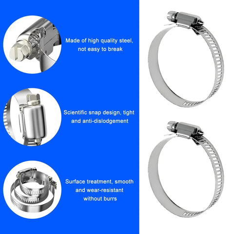 Front view of two BWBWND stainless steel hose clamps, 1-1/2 to 2-1/2 in, 20 pcs, worm-gear automotive clamps.