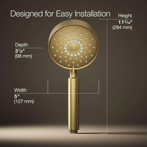 Purist Four Function Handshower With Handheld Sprayhead Three Modes Full Coverage Pulsating Massage Silk Spray 1.75 GPM Vibrant Brushed Moderne Brass Finish, dimensions highlighted