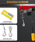 110 Volt Electric Hoist 220lbs Capacity With Remote Control And Wired Operation, featuring slings and safety hook.