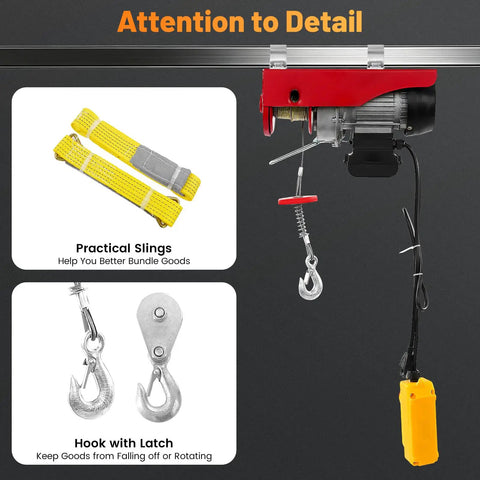 110 Volt Electric Hoist 220lbs Capacity With Remote Control And Wired Operation, featuring slings and safety hook.
