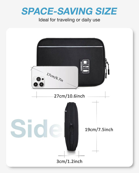 Travel Ready Electronics Organizer Case For Cords And Tech Gear shown with phone for size reference, side view dimensions.