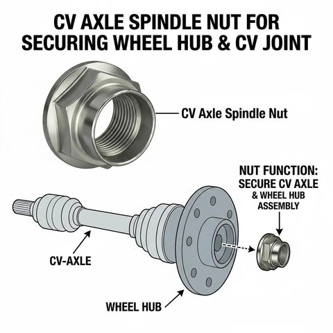 Heavy Duty Two Pack CV Axle Spindle Nuts For Subaru Forester Outback Legacy Impreza, showing secure fit on CV axle and wheel hub.