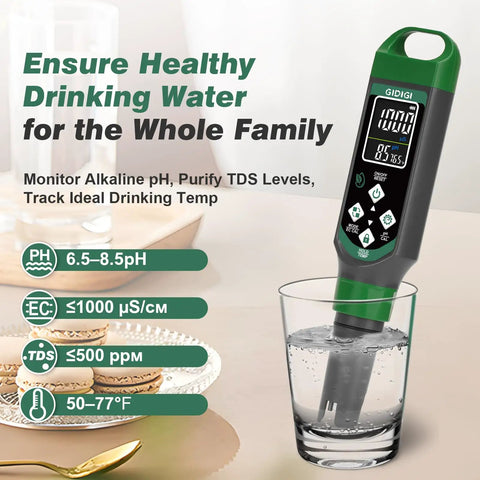 All In One Digital Water Tester With Large Color Screen For Simultaneous pH EC TDS And Temperature Readouts in glass of water