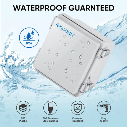 Waterproof Electrical Junction Box IP67 Enclosure in Off White ABS Plastic with Hinged Cover, showing durability in wet conditions